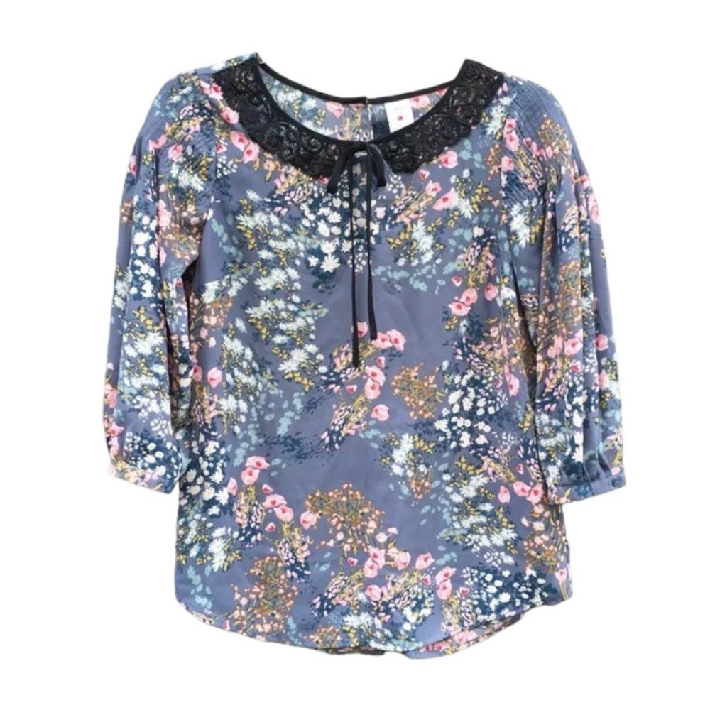 LC Lauren Conrad Floral Peasant Peter Pan Lace Collar 3/4 Sleeve Blouse XS - Picture 2 of 6